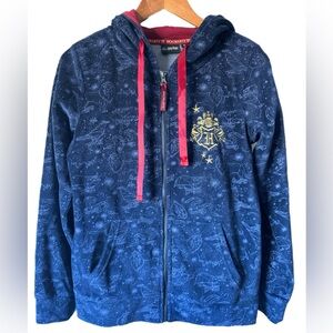 EMP Harry Potter Navy Velvet Zip Up Hooded Sweatshirt Embroidery Crest Sz Small
